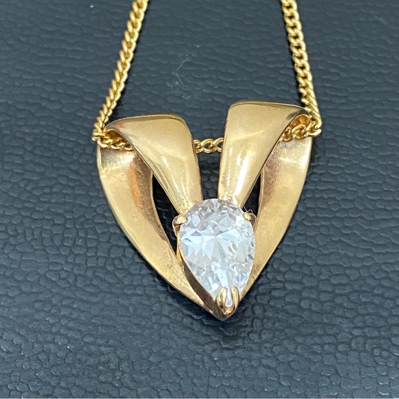 Vintage Unsigned Gold-Plated Heart Slider Pendant Teardrop Clear CZ 16” Necklace - Picture 7 of 15